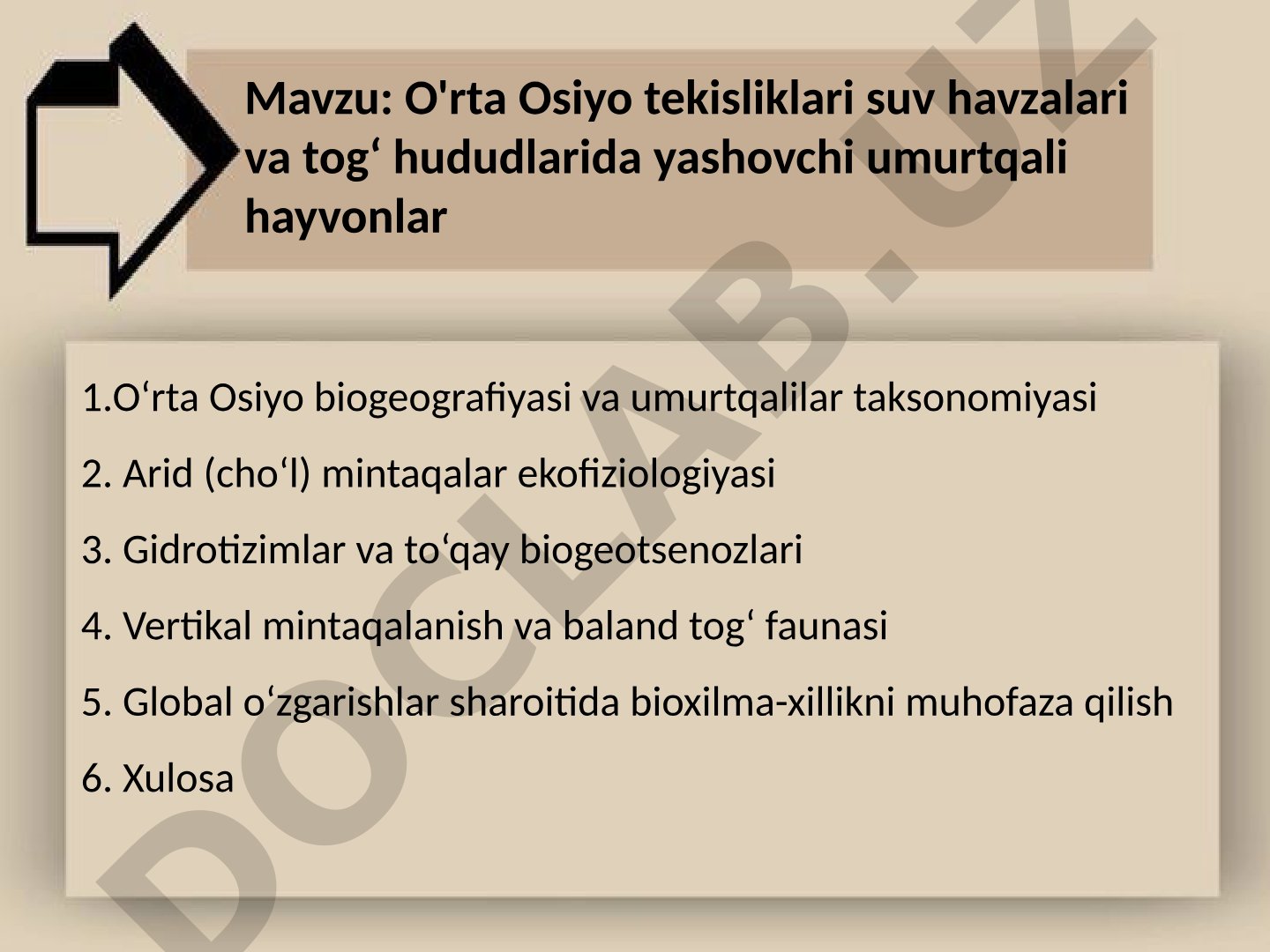 O'rta Osiyo tekisliklari suv havzalari va togʻ hududlarida yashovchi umurtqali hayvonlar