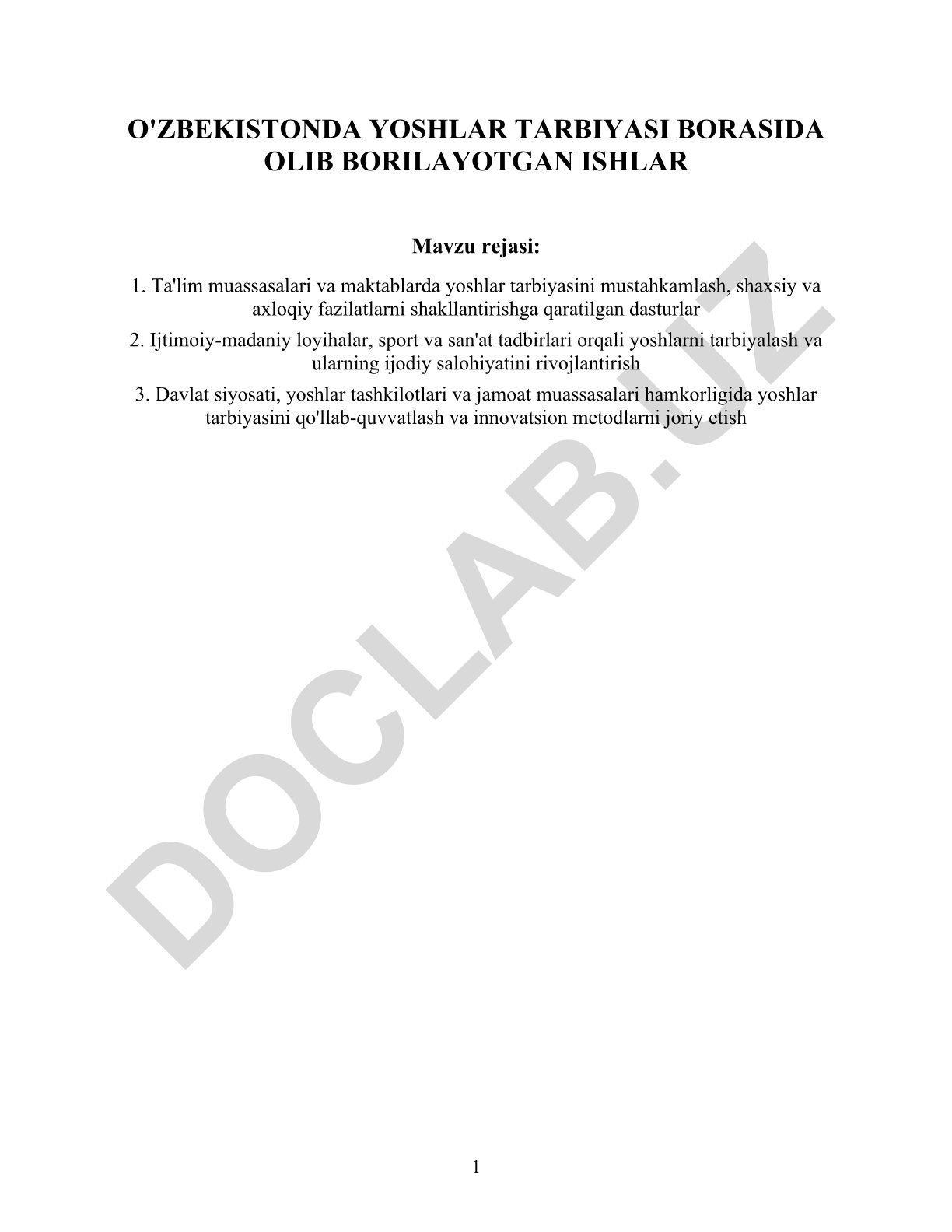 O'zbekistonda yoshlar tarbiyasi borasida olib borilayotgan ishlar