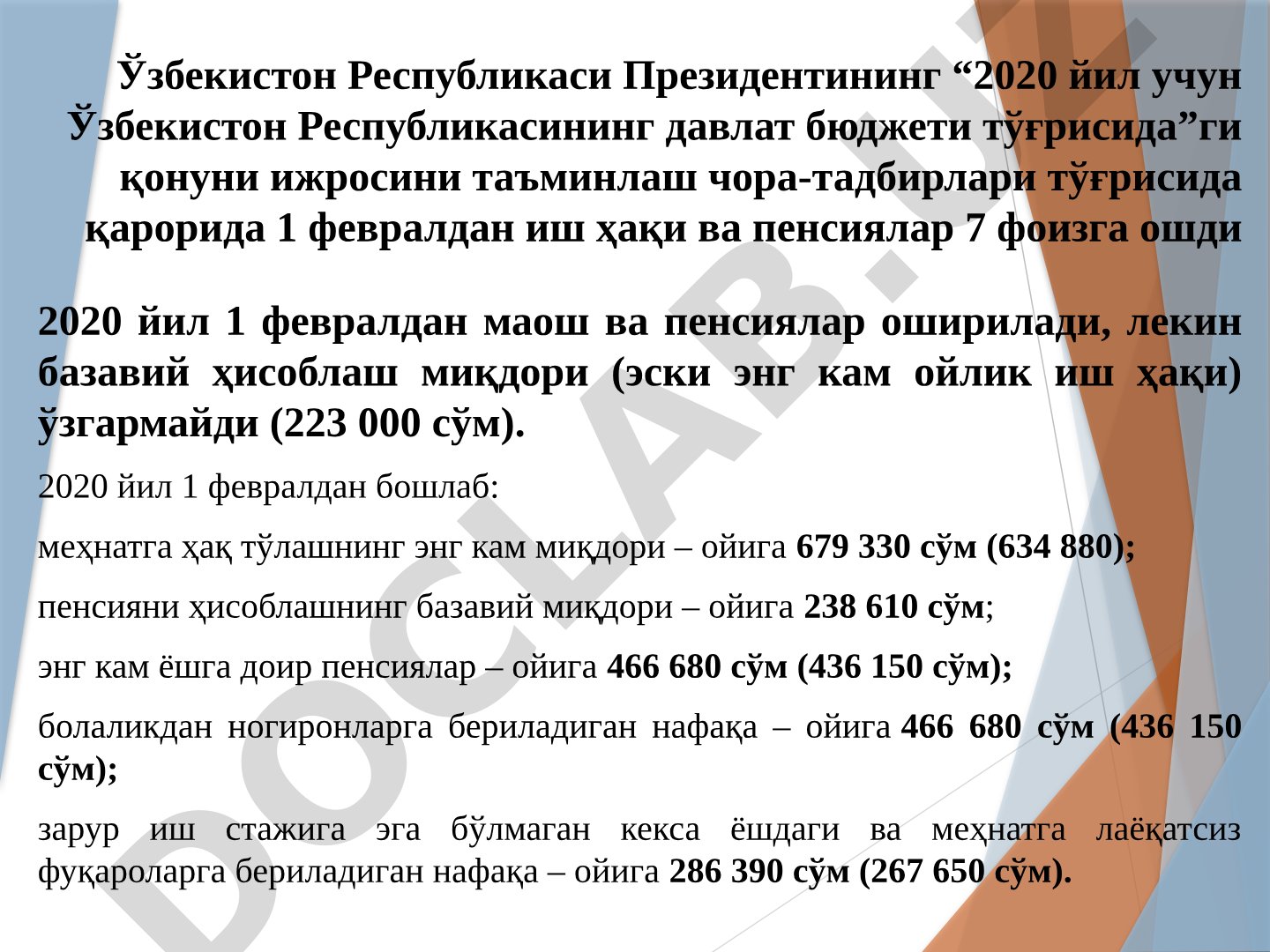 2020 yil uchun O'zbekiston Respublikasi davlat budjeti ijrosi va pensiya hisoblash tartibi