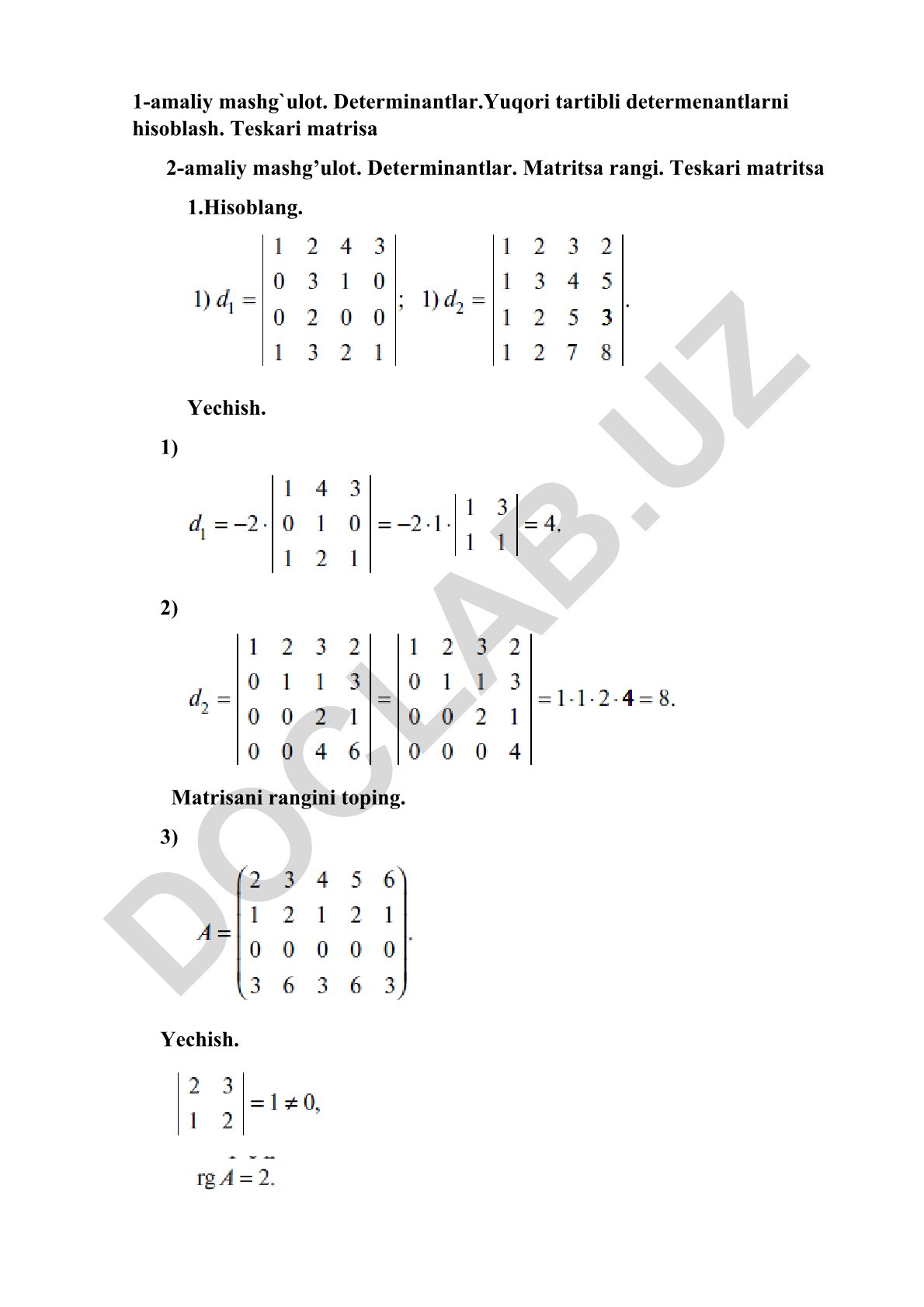 Determinantlar va teskari matrisa hisoblash