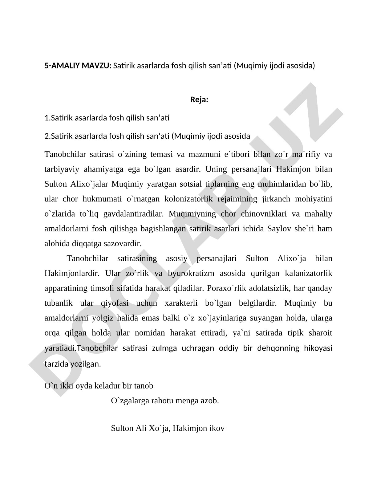 Satirik asarlarda fosh qilish san'ati (Muqimiy ijodi asosida)
