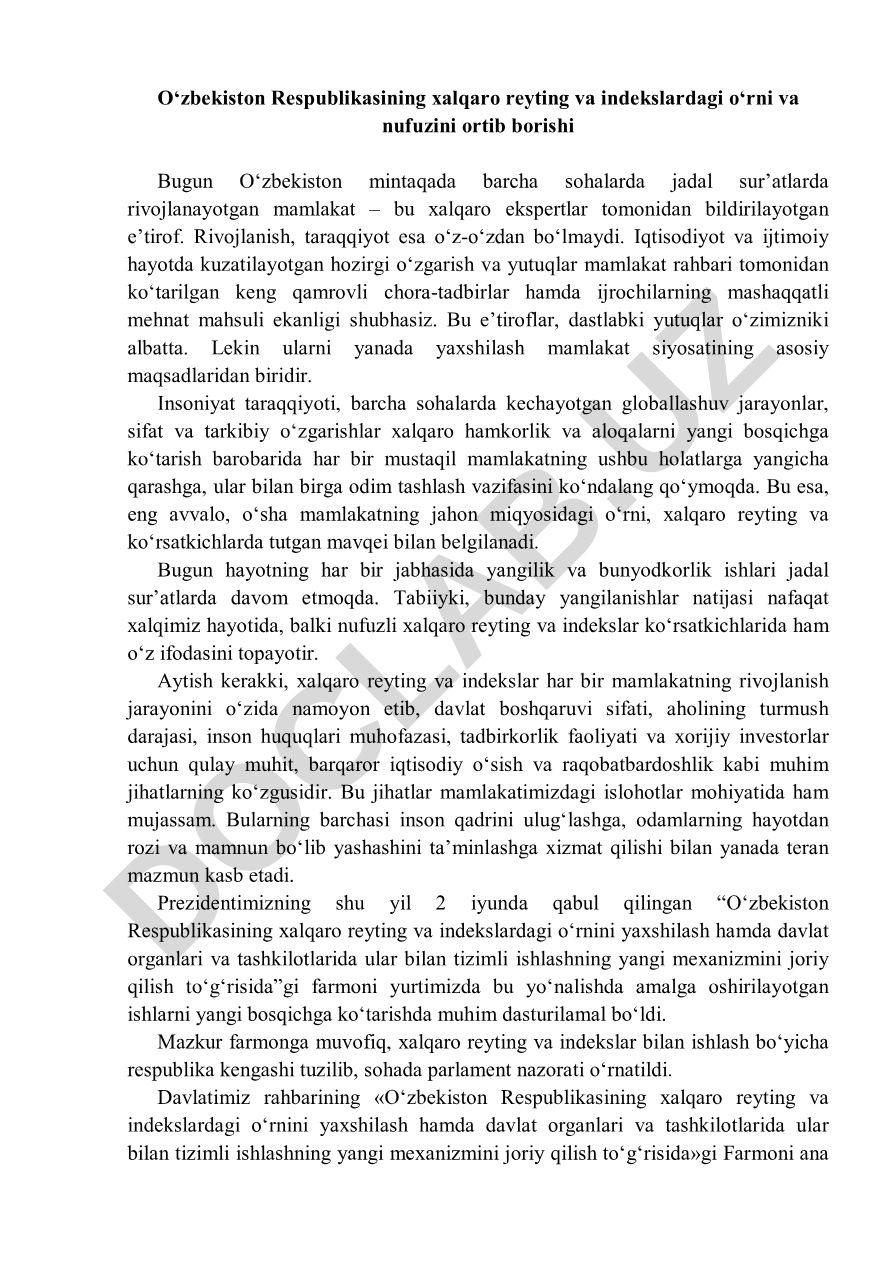 O‘zbekistonning xalqaro reyting va indekslardagi o‘rni va nufuzi