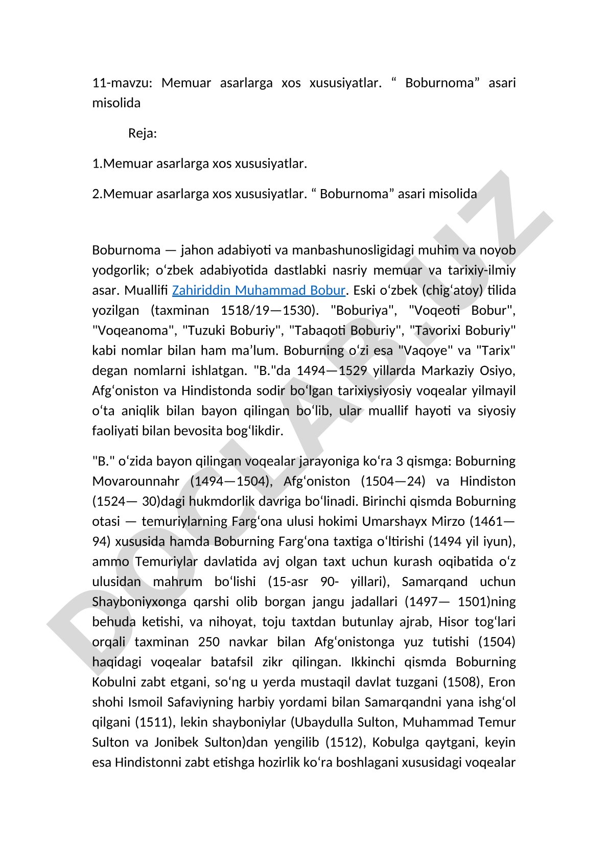 Memuar asarlarga xos xususiyatlar. “Boburnoma” asari misolida