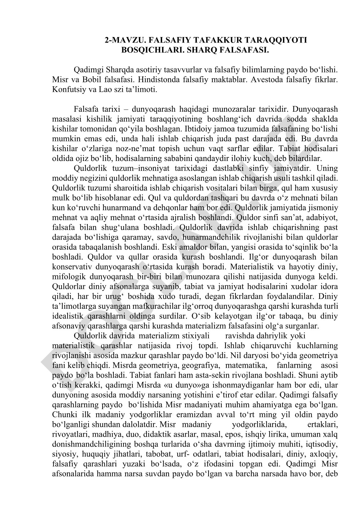 Falsafiy tafakkur taraqqiyoti bosqichlari va Sharq falsafasi