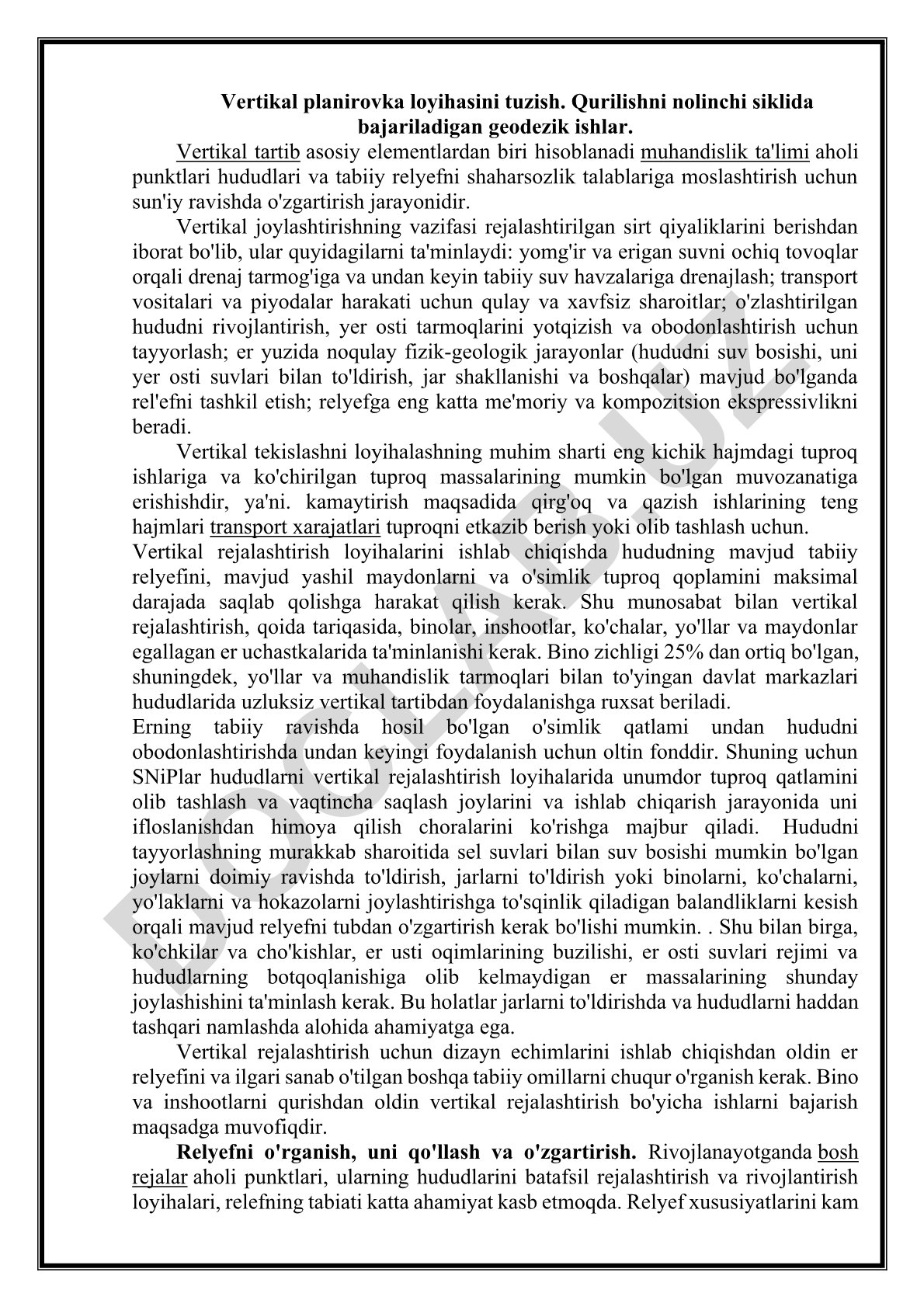 Vertikal planirovka loyihasini tuzish va geodezik ishlar