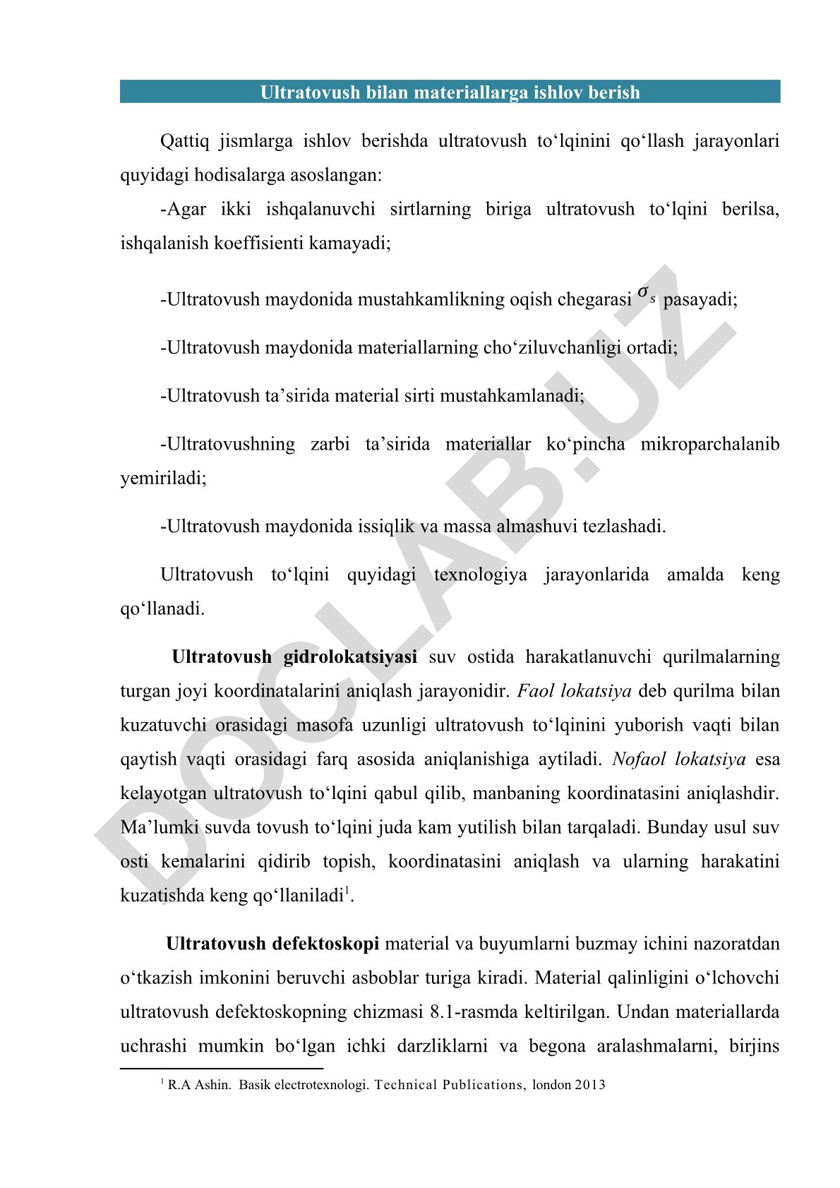 Ultratovush to'lqinlarining qattiq jismlarga ta'siri va gidrolokatsiyada qo'llanilishi