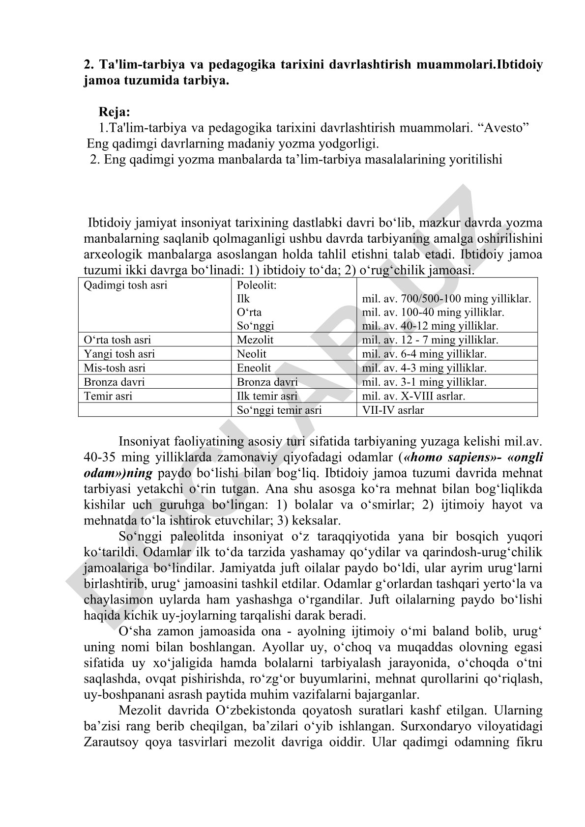 Ta'lim-tarbiya va pedagogika tarixini davrlashtirish muammolari