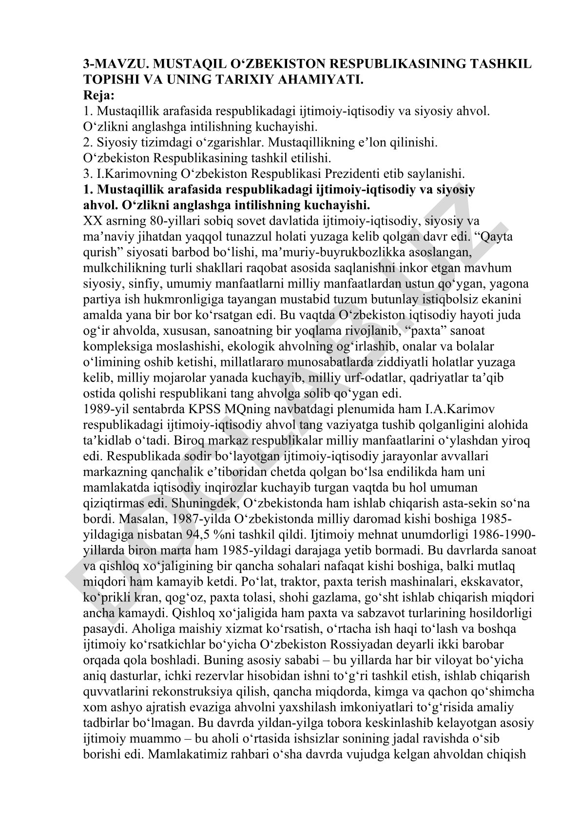 Mustaqil O‘zbekiston Respublikasining tashkil topishi va uning tarixiy ahamiyati