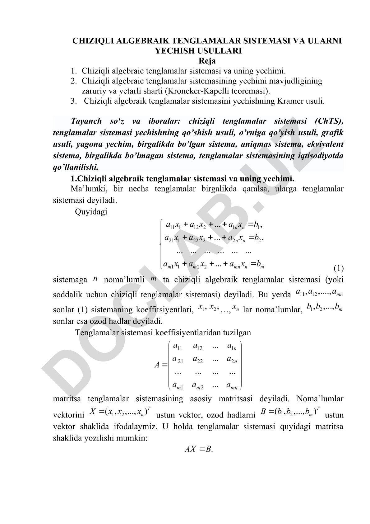 Chiziqli algebraik tenglamalar sistemasi va ularni yechish usullari