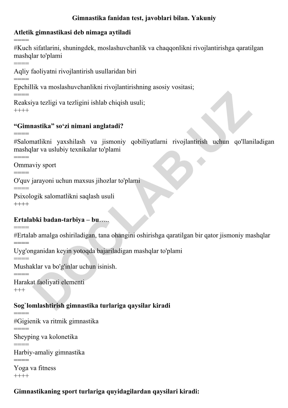Gimnastika fanidan test savollari va javoblari