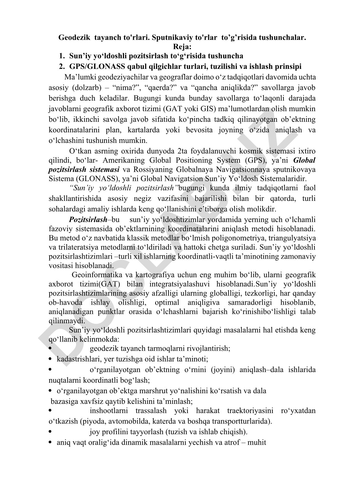 Geodezik tayanch to'rlari va sun'iy yo'ldoshli pozitsirlash