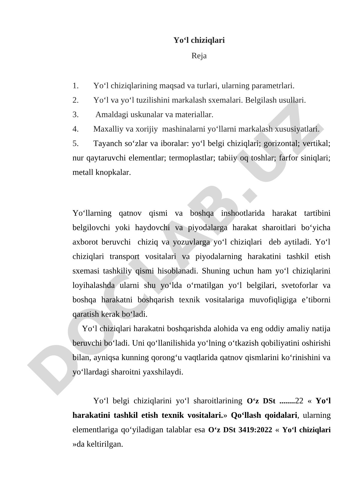 Yo'l chiziqlari turlari, parametrlari va markalash usullari