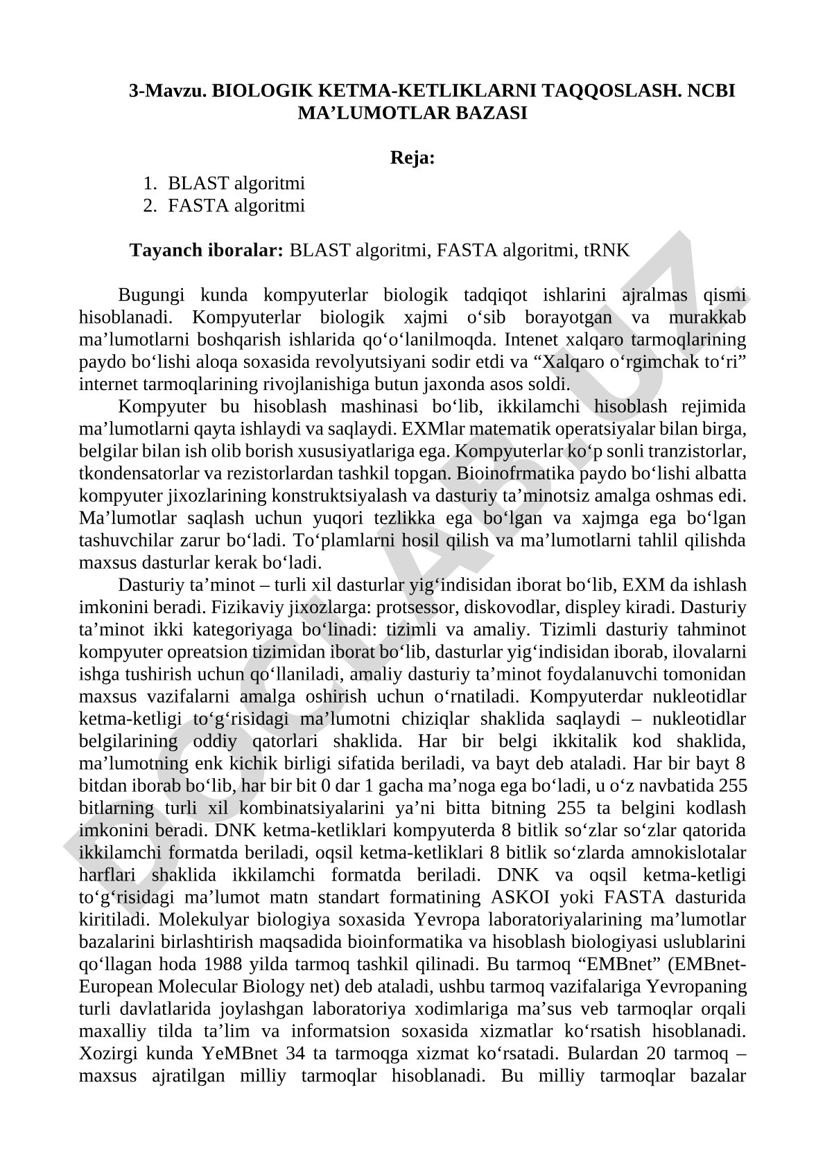 BIOLOGIK KETMA-KETLIKLARNI TAQQOSLASH. NCBI MA’LUMOTLAR BAZASI