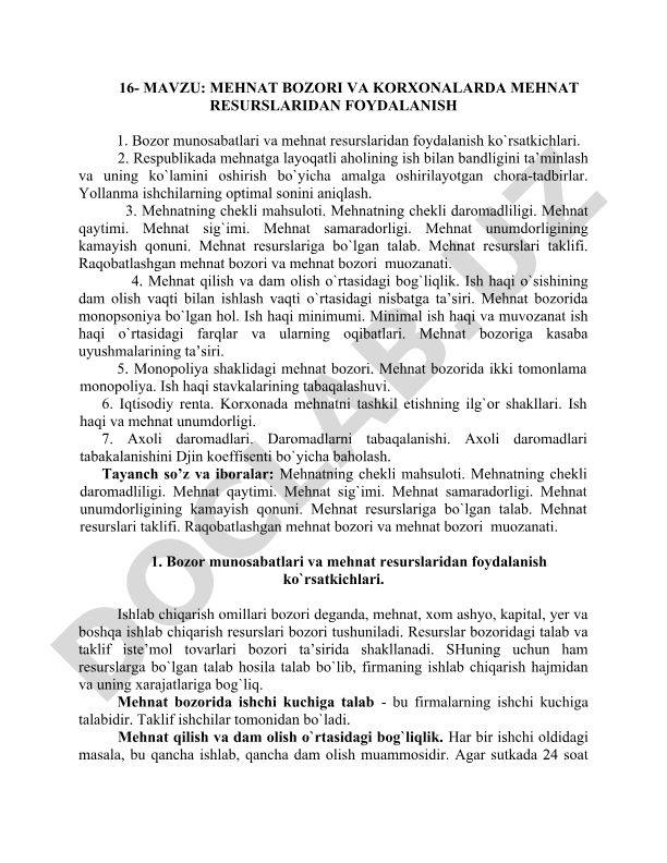 Mehnat bozori va korxonalarda mehnat resurslaridan foydalanish