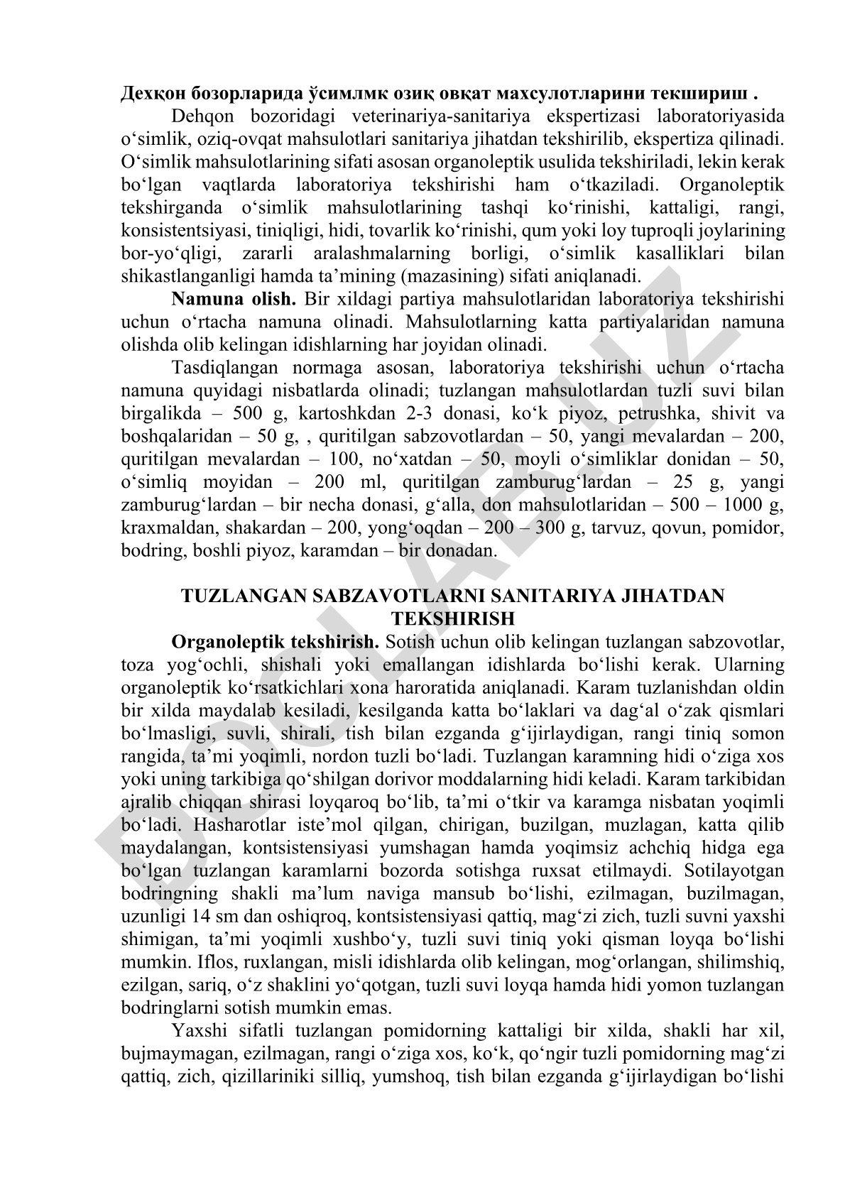 Dehqon bozorlarida o‘simlik oziq-ovqat mahsulotlarini tekshirish