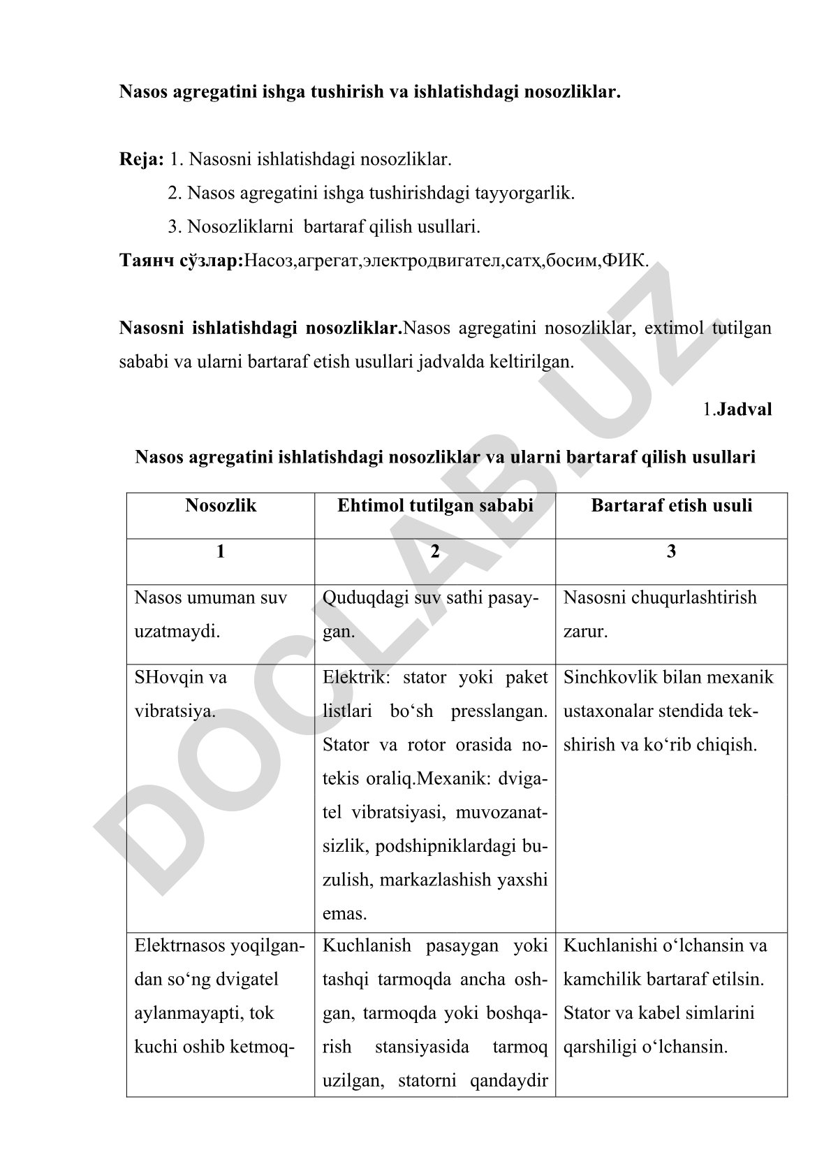 Nasos agregatini ishga tushirish va ishlatishdagi nosozliklar
