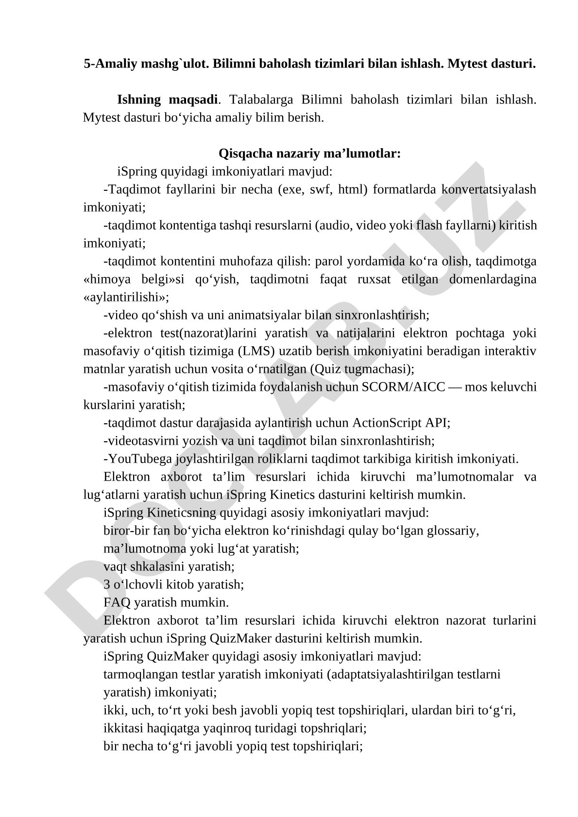 Bilimni baholash tizimlari bilan ishlash. Mytest dasturi