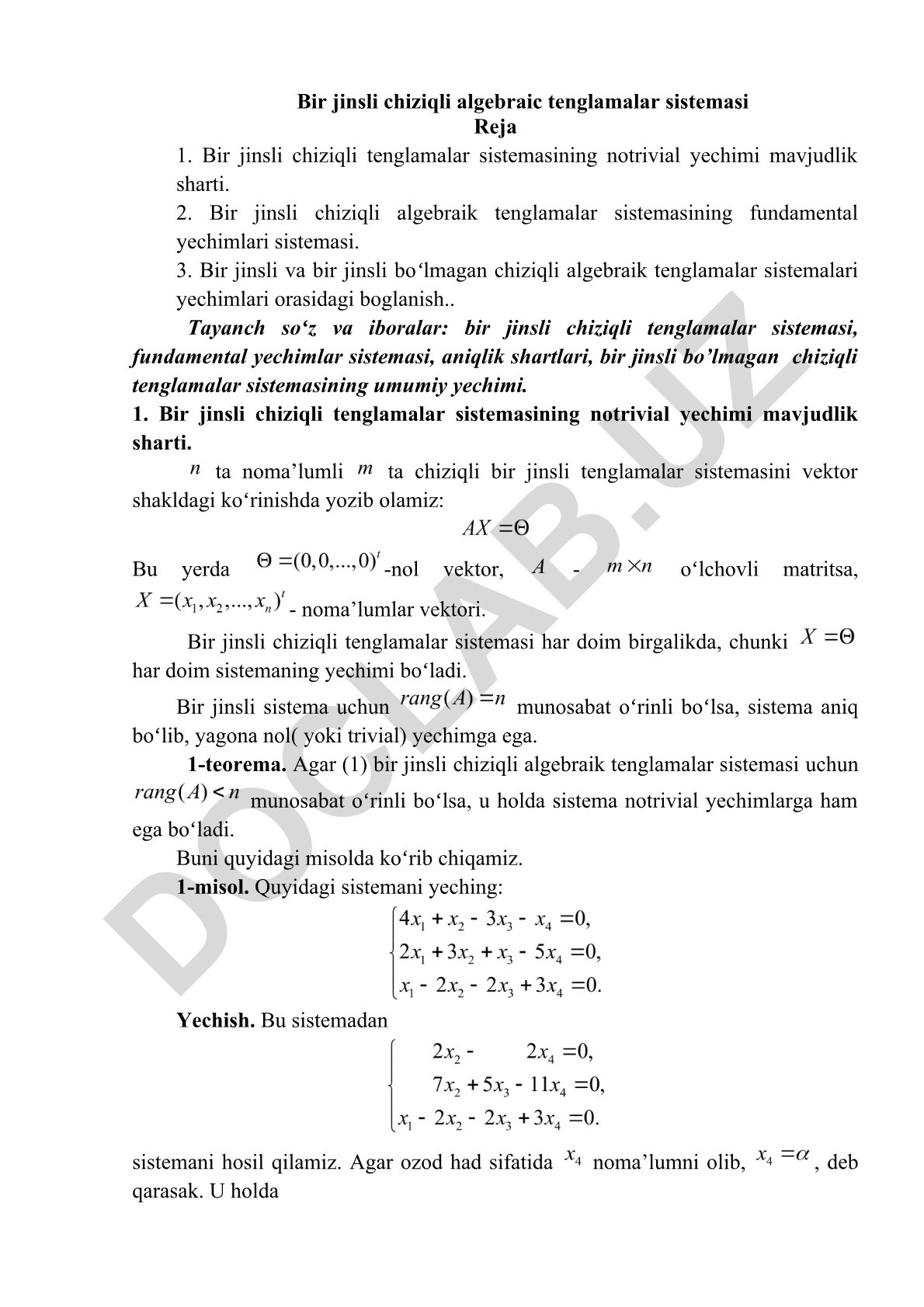 Bir jinsli chiziqli algebraik tenglamalar sistemalari