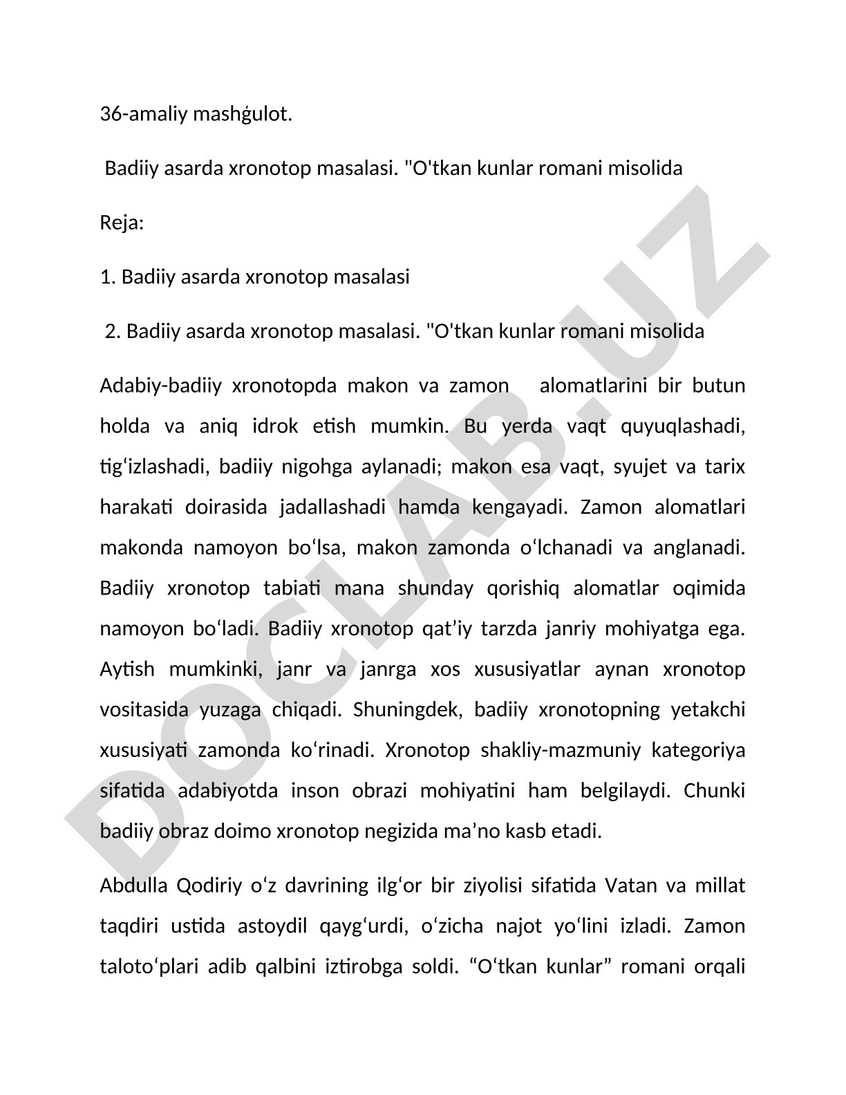 Badiiy asarda xronotop masalasi: O'tkan kunlar romani misolida