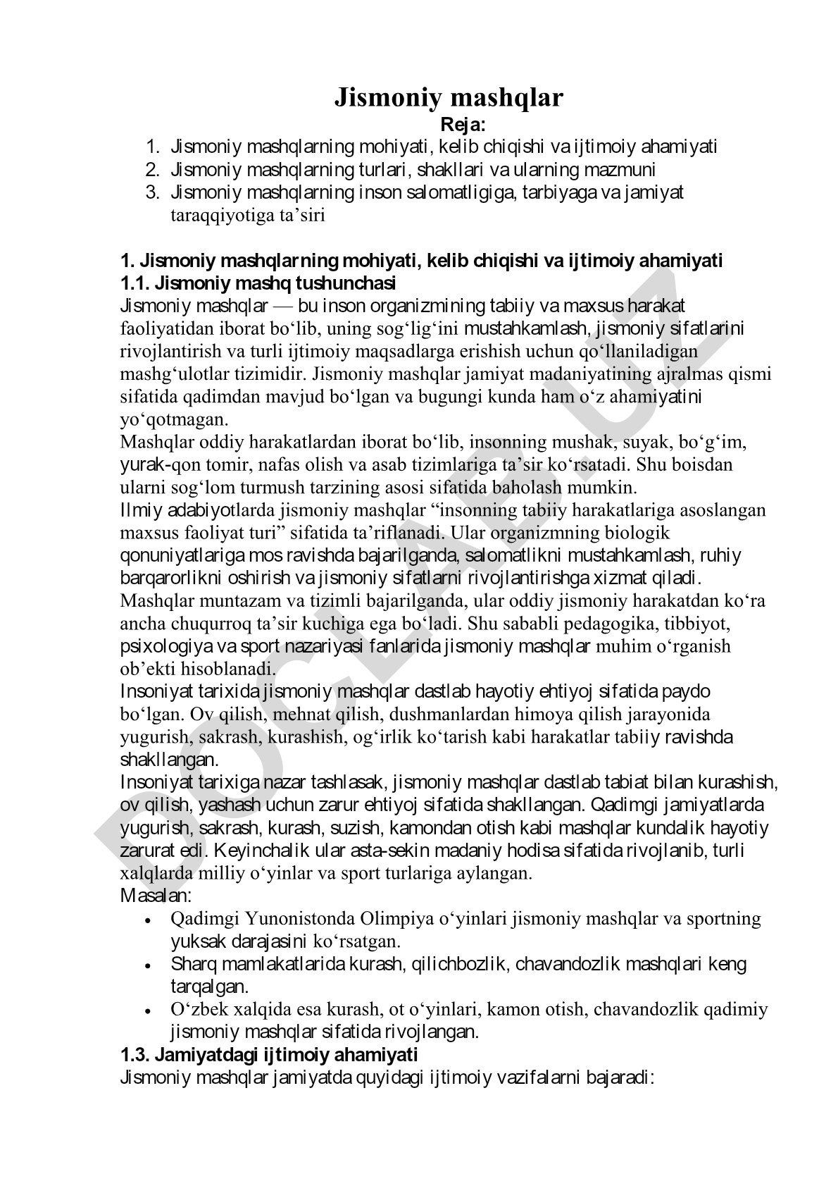 Jismoniy mashqlarning mohiyati, turlari va salomatlikka ta'siri