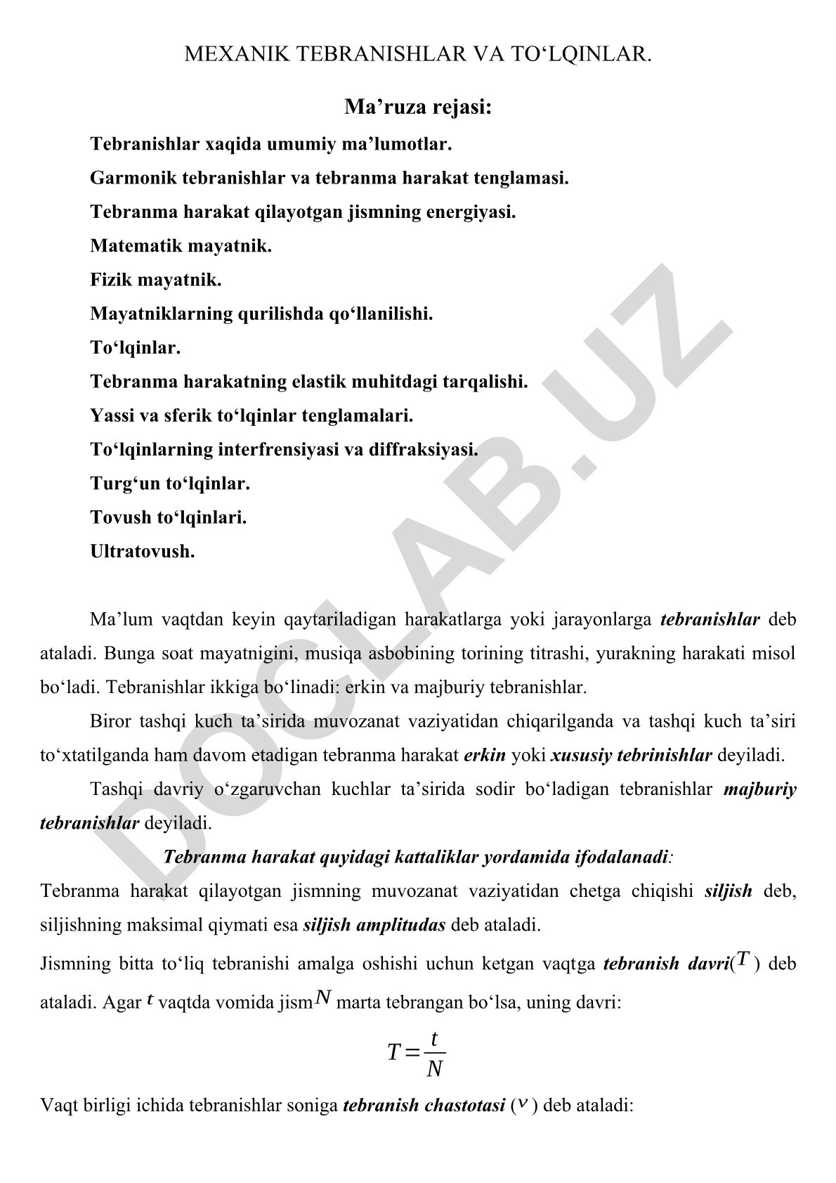 Mexanik tebranishlar va to‘lqinlar