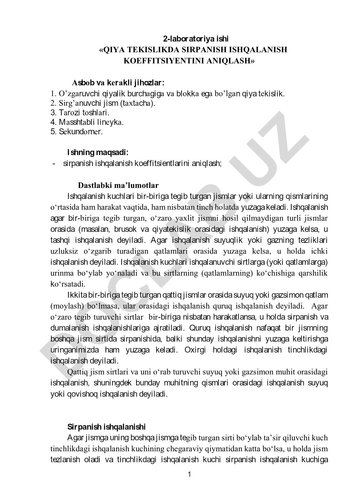Qiya tekislikda sirpanish ishqalanish koeffitsientini aniqlash