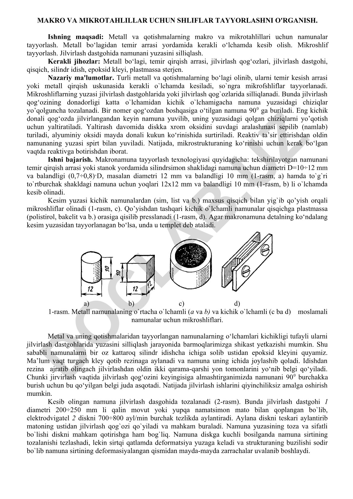 Metall va qotishmalarning makro va mikrotahlillari uchun namunalar tayyorlash