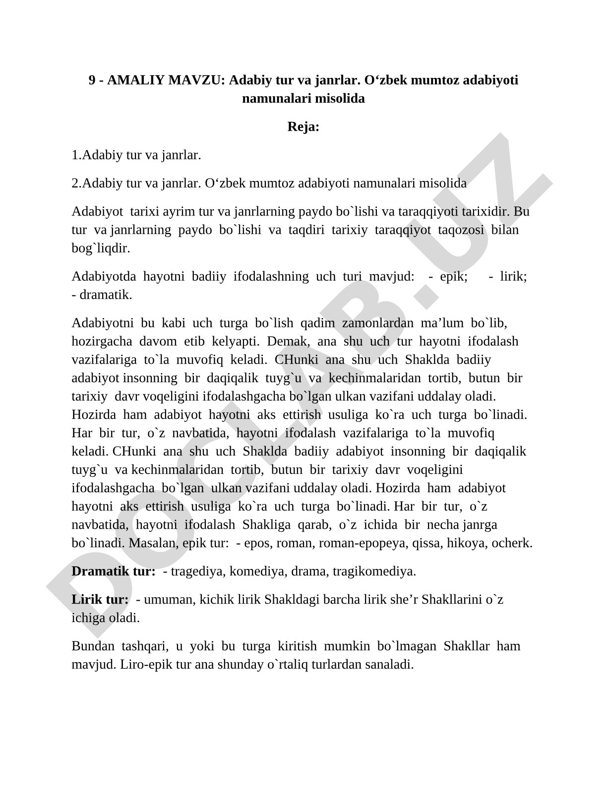 Adabiy tur va janrlar. O'zbek mumtoz adabiyoti namunalari misolida