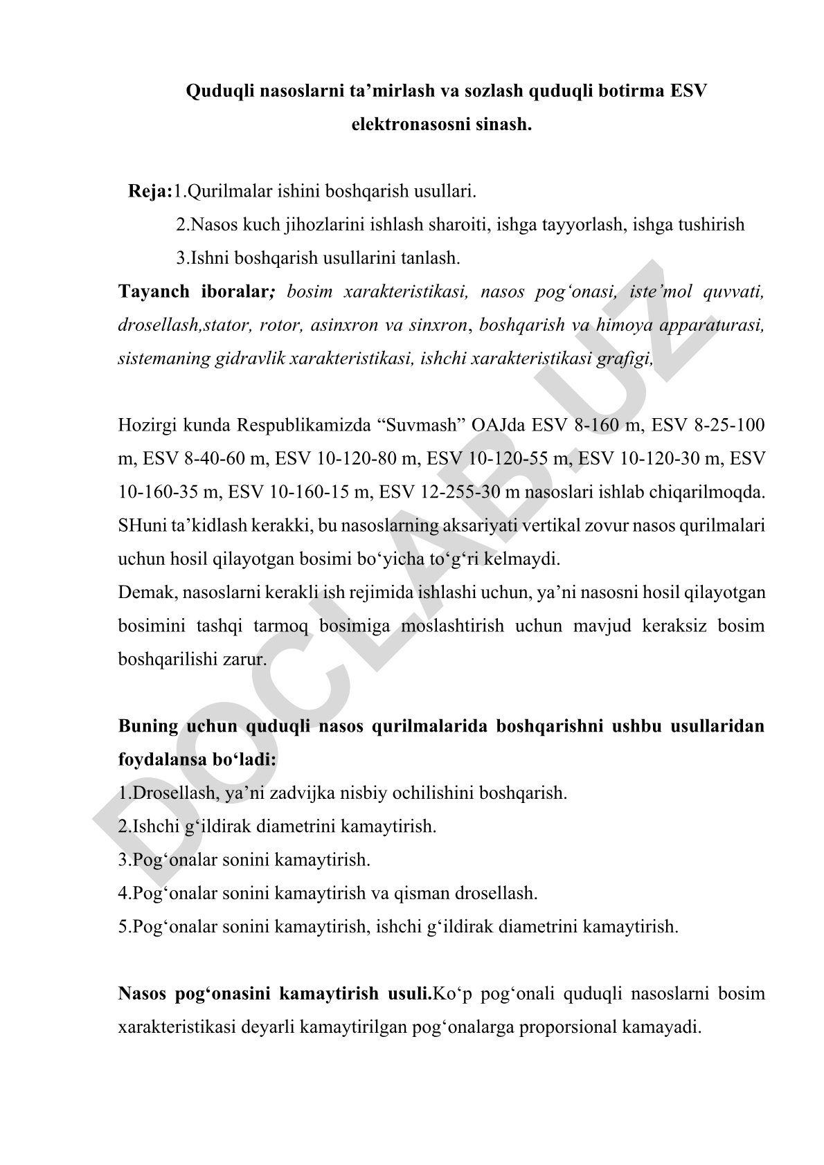 Quduqli nasoslarni ta'mirlash, sozlash va sinash