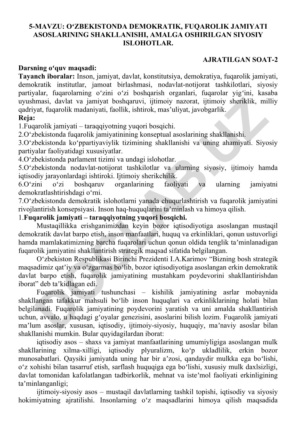 Oʻzbekistonda demokratik, fuqarolik jamiyati asoslarining shakllanishi va siyosiy islohotlar