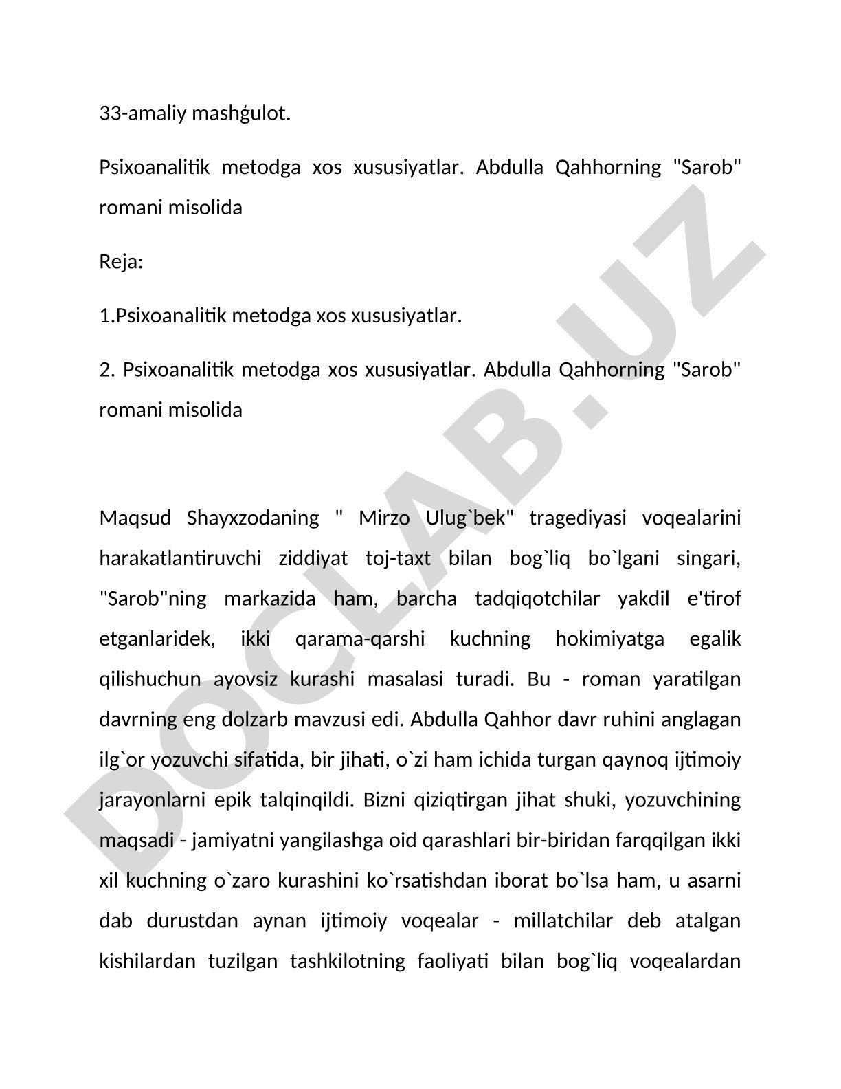 Psixoanalitik metodga xos xususiyatlar. Abdulla Qahhorning 'Sarob' romani misolida