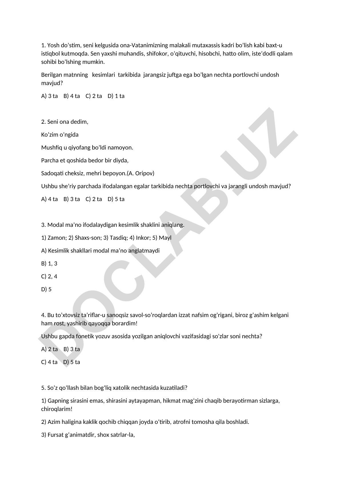 O'zbek tili test savollari va masalalari