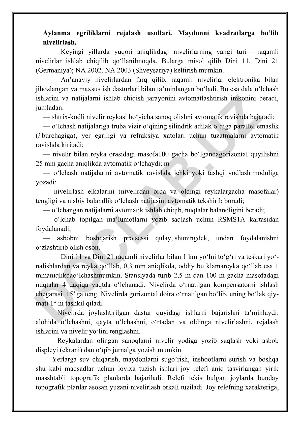 Aylanma egriliklarni rejalash usullari va raqamli nivelirlar