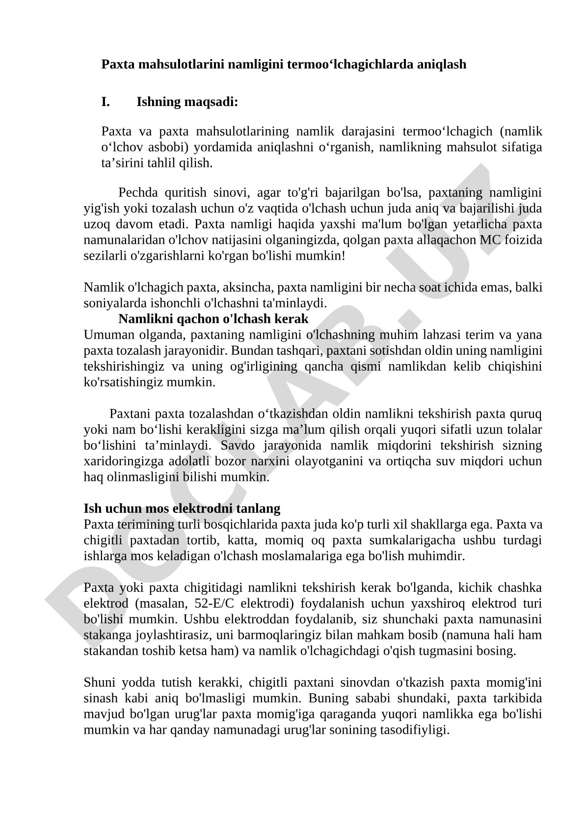 Paxta mahsulotlarini namligini termoo‘lchagichlarda aniqlash