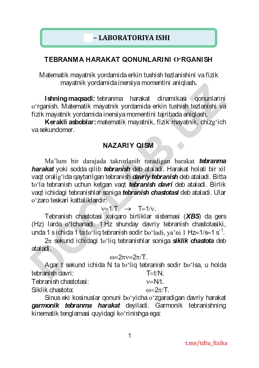 Matematik va fizik mayatniklar yordamida tebranma harakat qonunlarini o'rganish