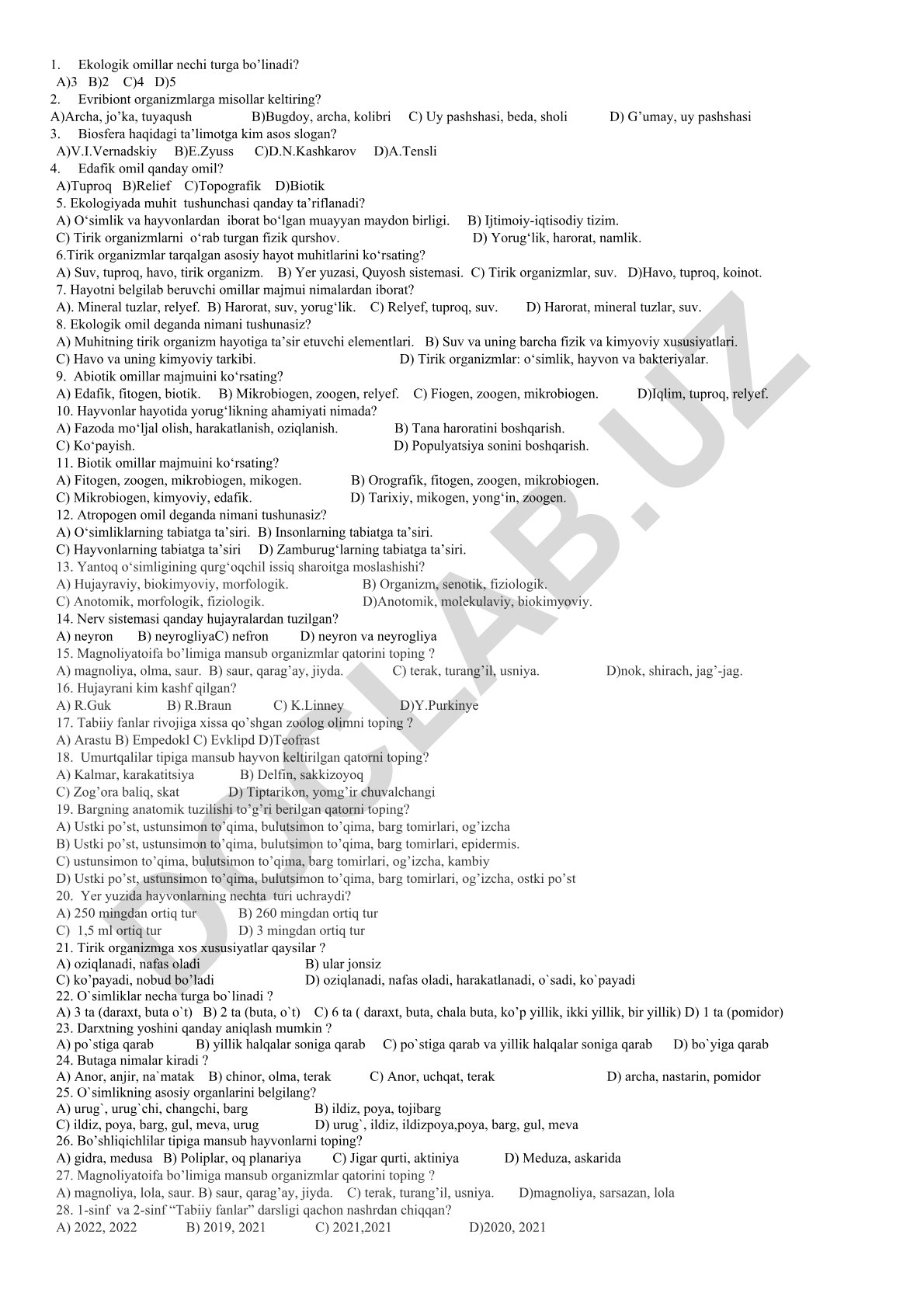Ekologik omillar va biosfera test savollari