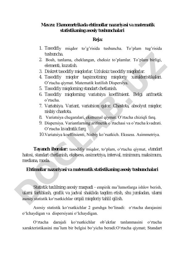 Ekonometrikada ehtimollar nazariyasi va matematik statistikaning asosiy tushunchalari