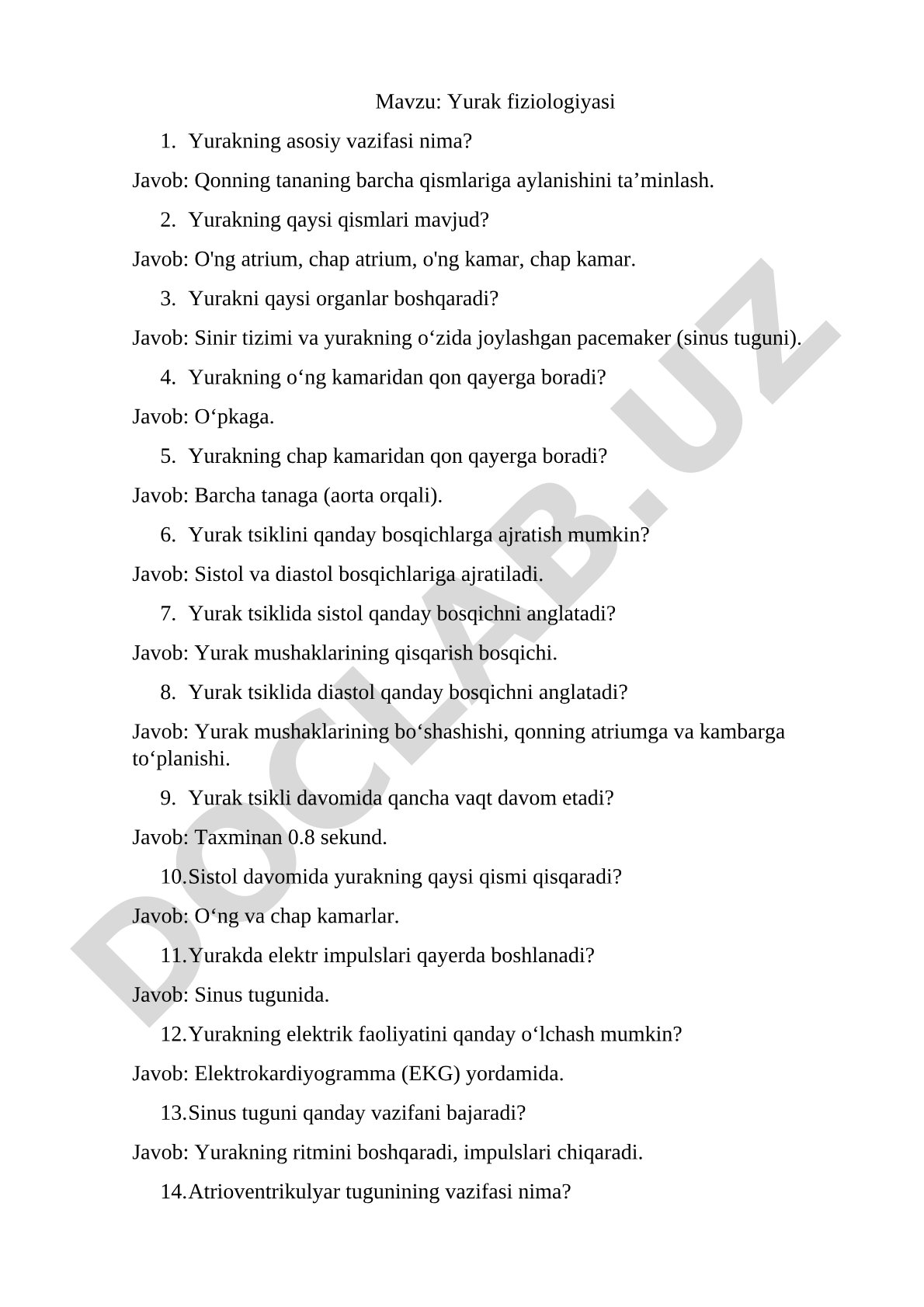 Yurakning vazifasi, tuzilishi, qon aylanishi, yurak tsikli va EKG haqida savol-javoblar