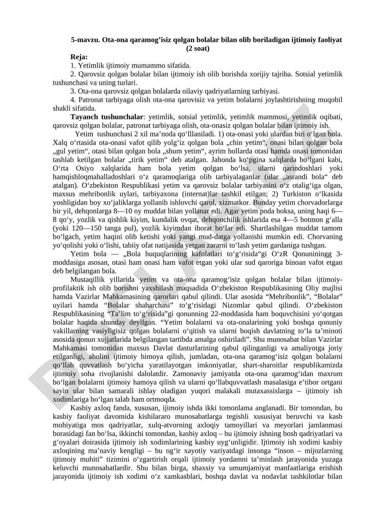 Ota-ona qaramog'isiz qolgan bolalar bilan olib boriladigan ijtimoiy faoliyat