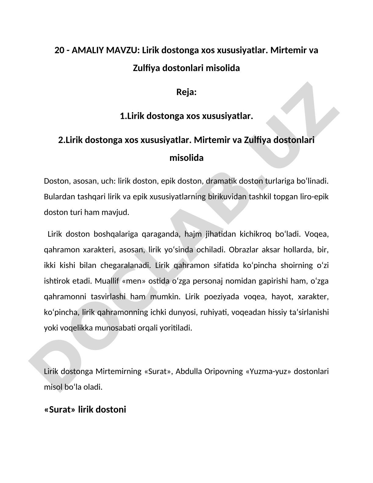 Lirik dostonga xos xususiyatlar. Mirtemir va Zulfiya dostonlari misolida