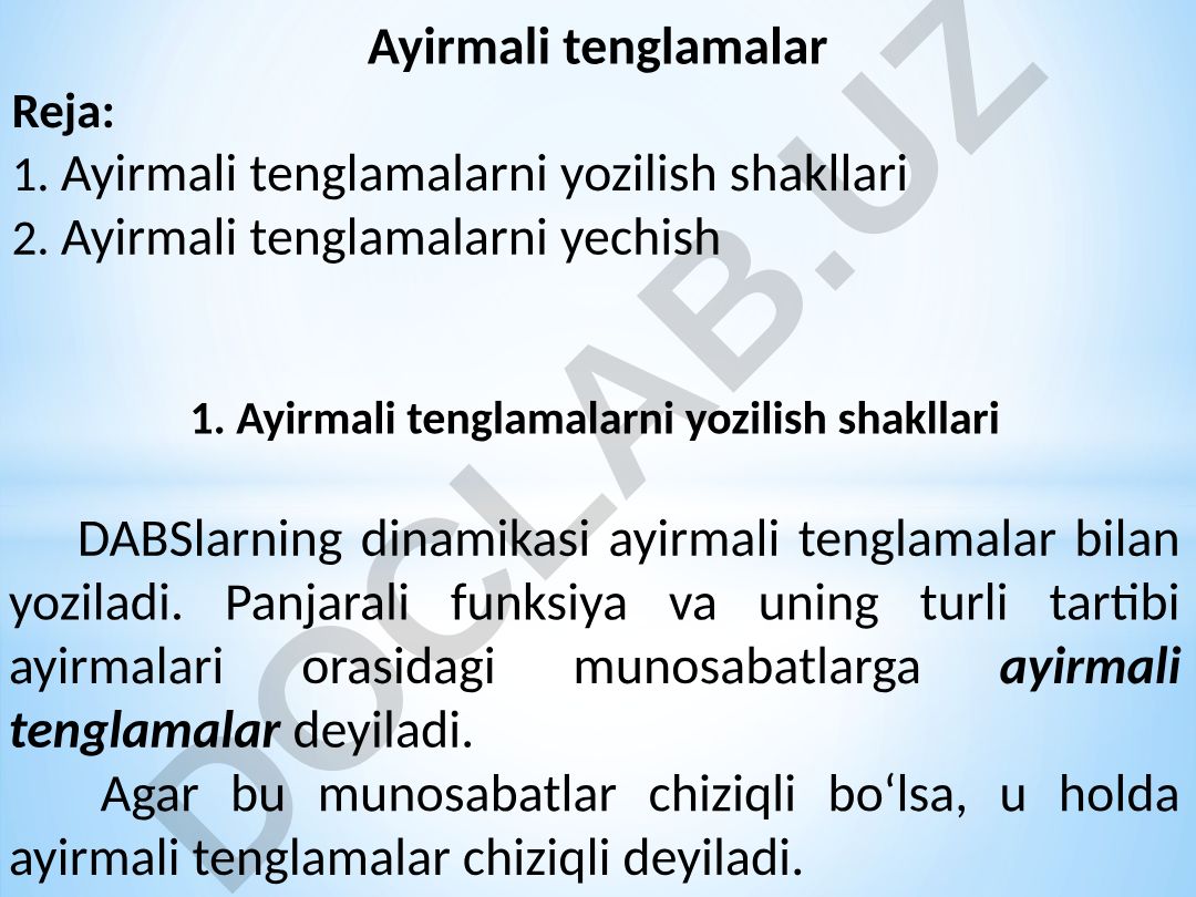 Ayirmali tenglamalar va ularning yozilish shakllari