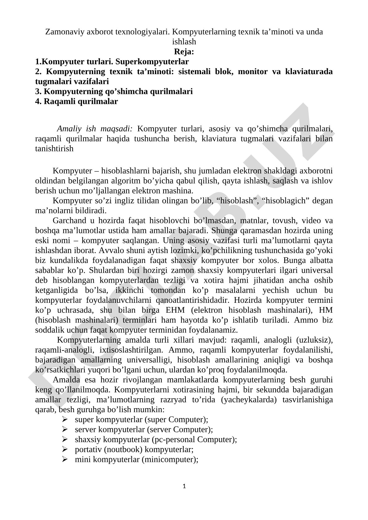Zamonaviy axborot texnologiyalari. Kompyuterlarning texnik ta’minoti va unda ishlash