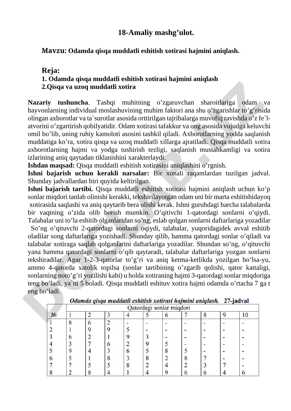 Odamda qisqa muddatli eshitish xotirasi hajmini aniqlash