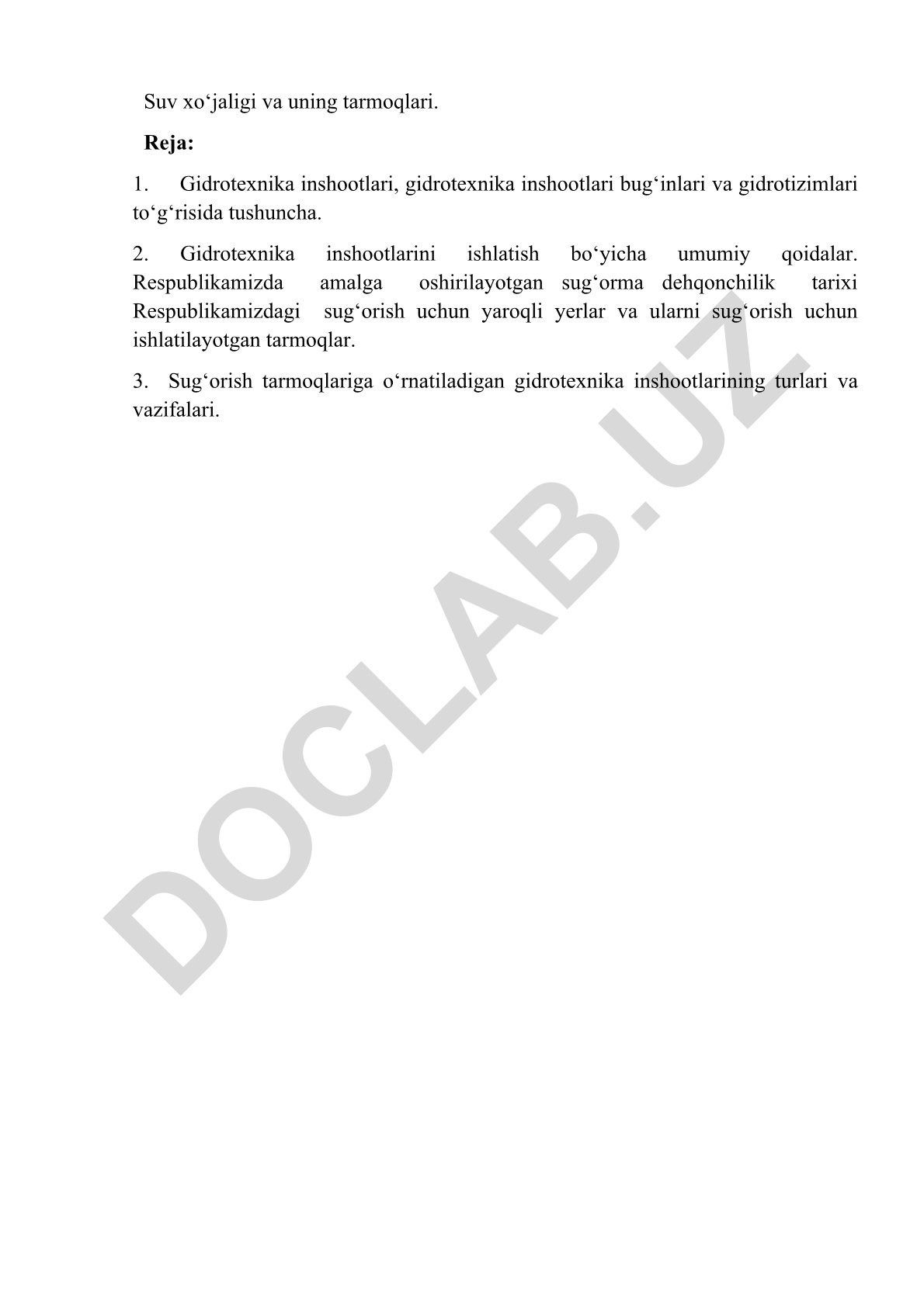 Suv xo‘jaligi va uning tarmoqlari