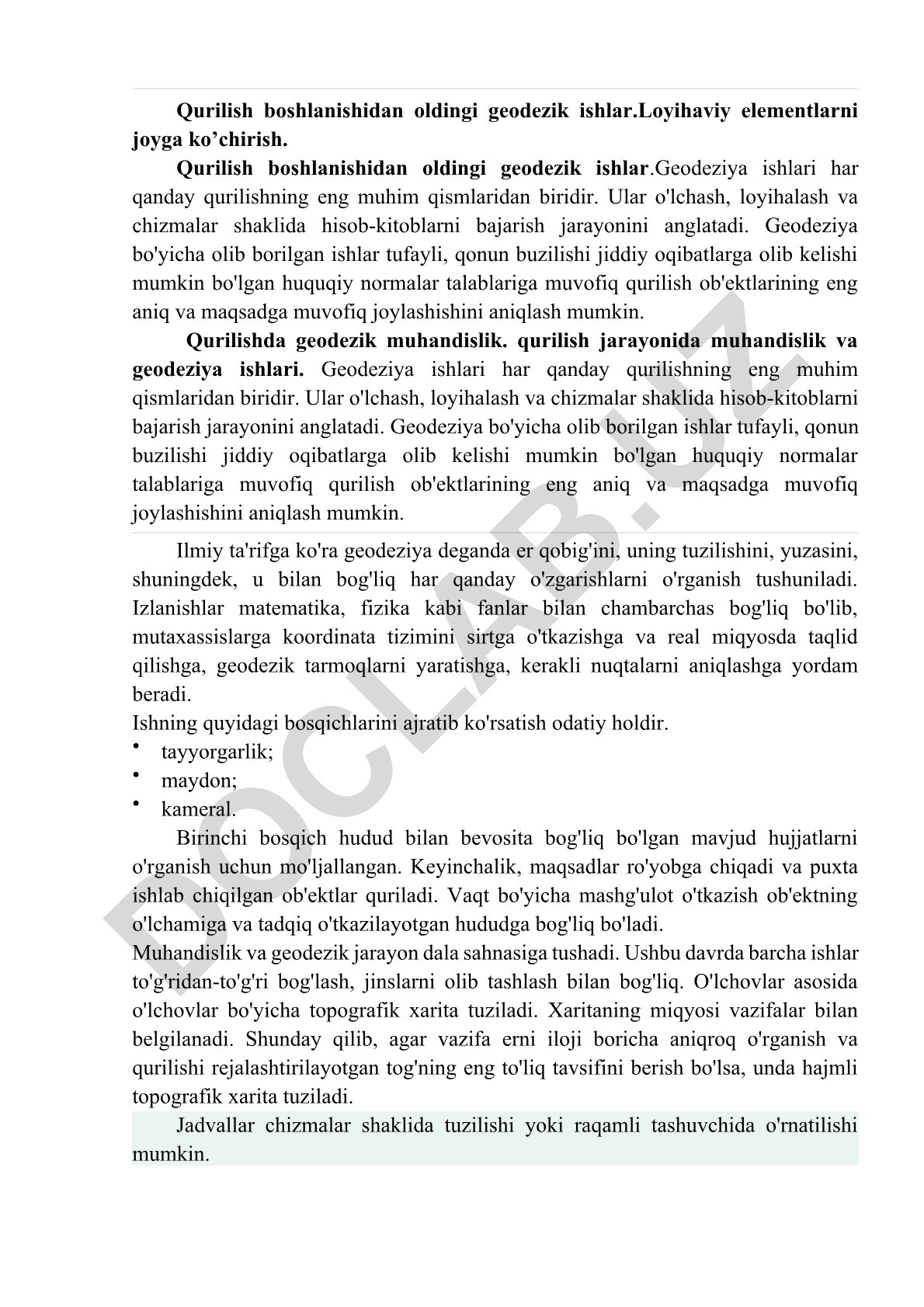 Qurilish boshlanishidan oldingi geodezik ishlar va loyihaviy elementlarni joyga ko'chirish