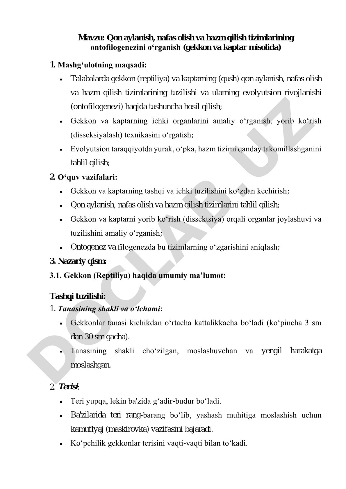Qon aylanish, nafas olish va hazm qilish tizimlarining ontofilogenezini o‘rganish (gekkon va kaptar misolida)
