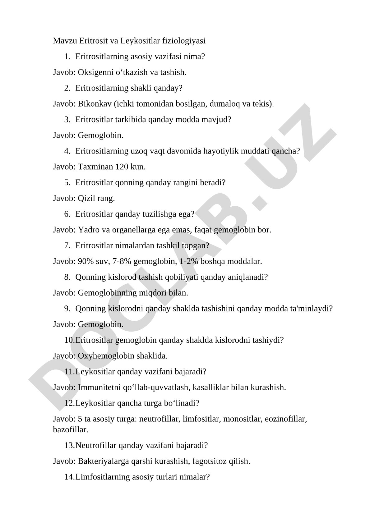 Eritrosit va Leykositlar fiziologiyasi