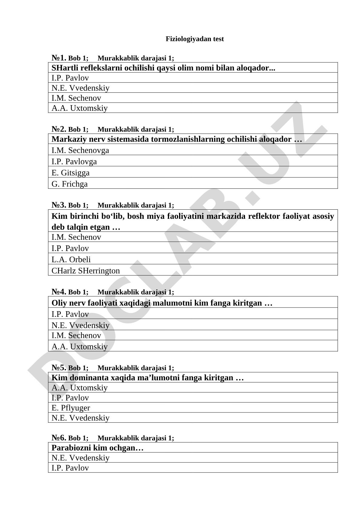 Fiziologiya fanidan test savollari