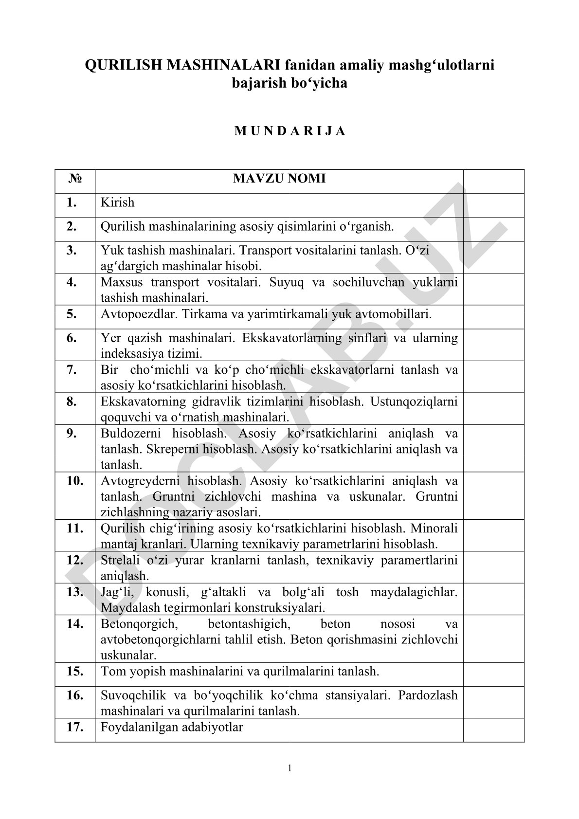 Qurilish mashinalari fanidan amaliy mashg'ulotlar mavzulari