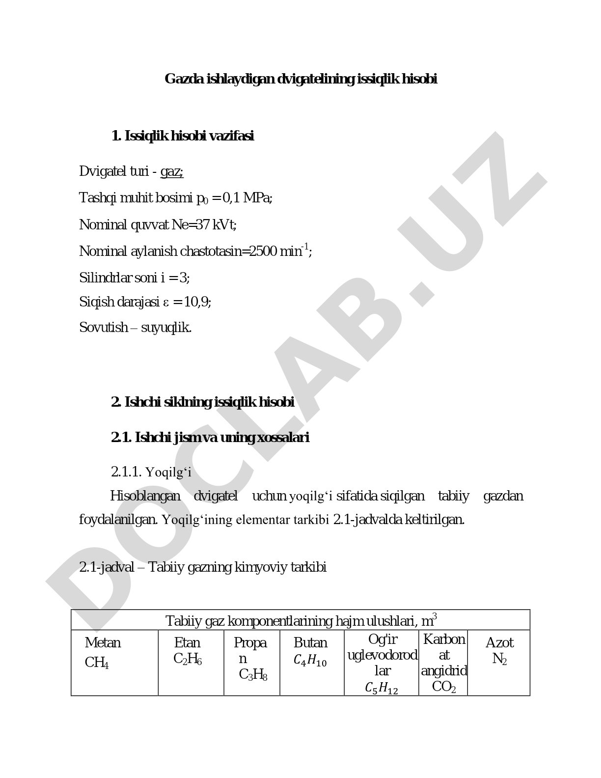 Gazda ishlaydigan dvigatelining issiqlik hisobi